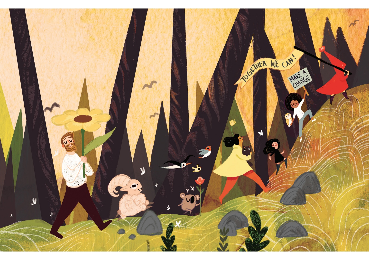 Giovanna Dasso’s published illustration for Lines for Trees: a girl and animals escaping a burning forest